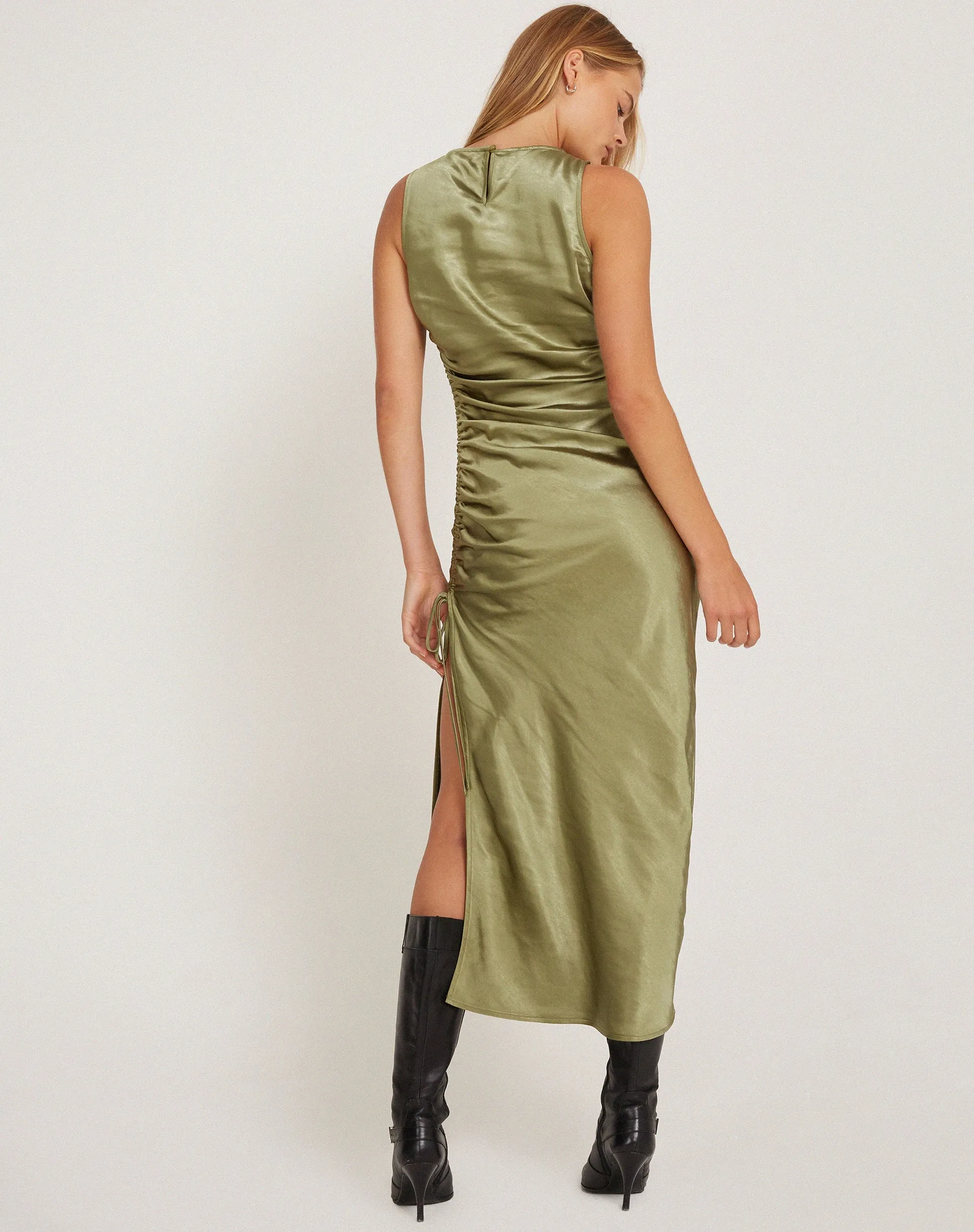 Raybu Ruched Midi Dress in Satin Olive