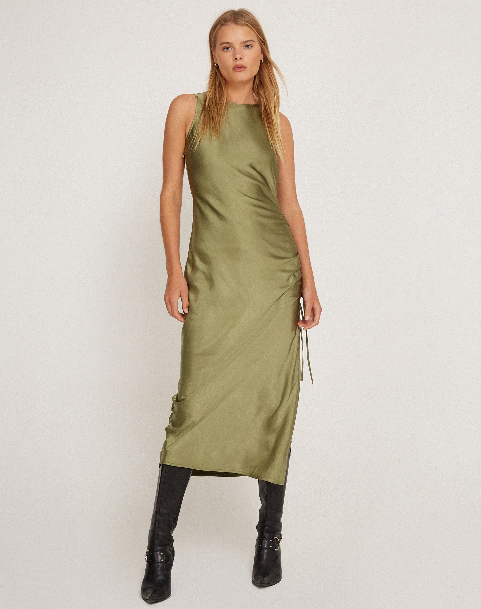 Raybu Ruched Midi Dress in Satin Olive