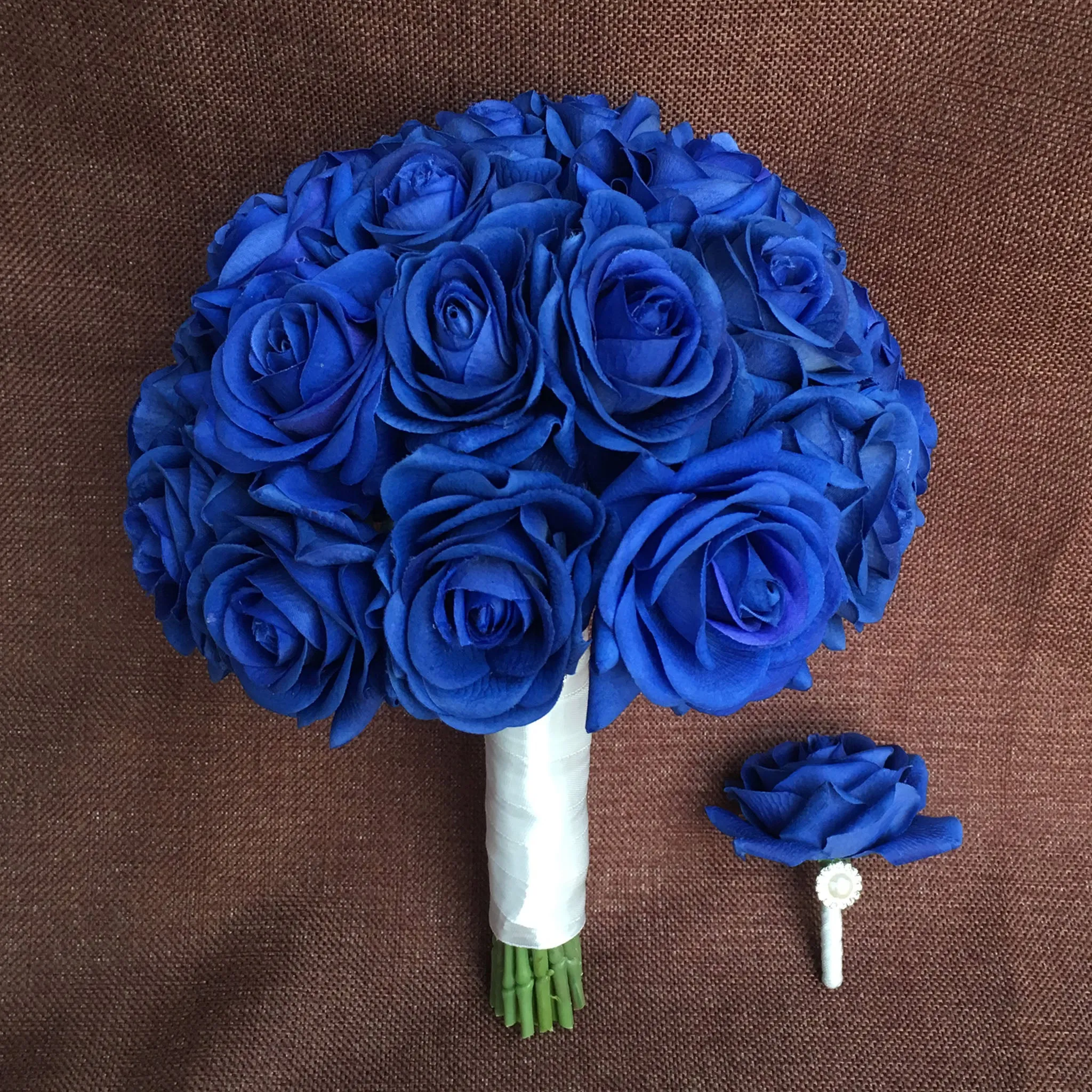 Real Touch Bridal Bouquet Royal Blue Wedding Flowers Boutonnieres Corsages Sets