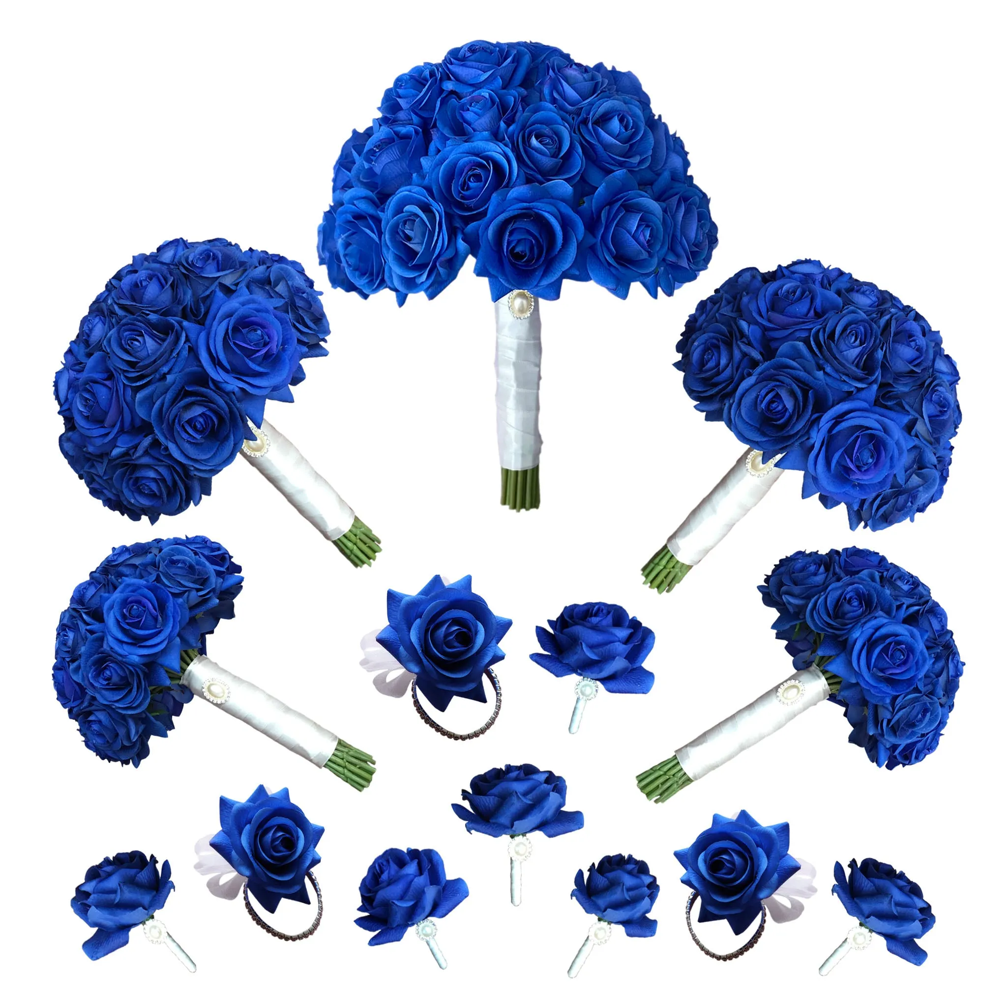 Real Touch Bridal Bouquet Royal Blue Wedding Flowers Boutonnieres Corsages Sets