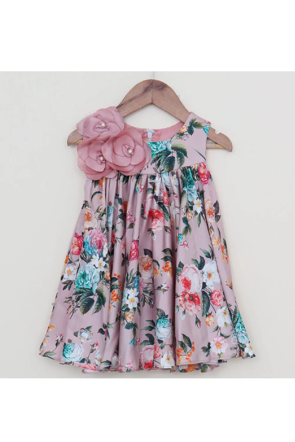 Rose Pink Flower Printed And Flower Detailing Satin Dress