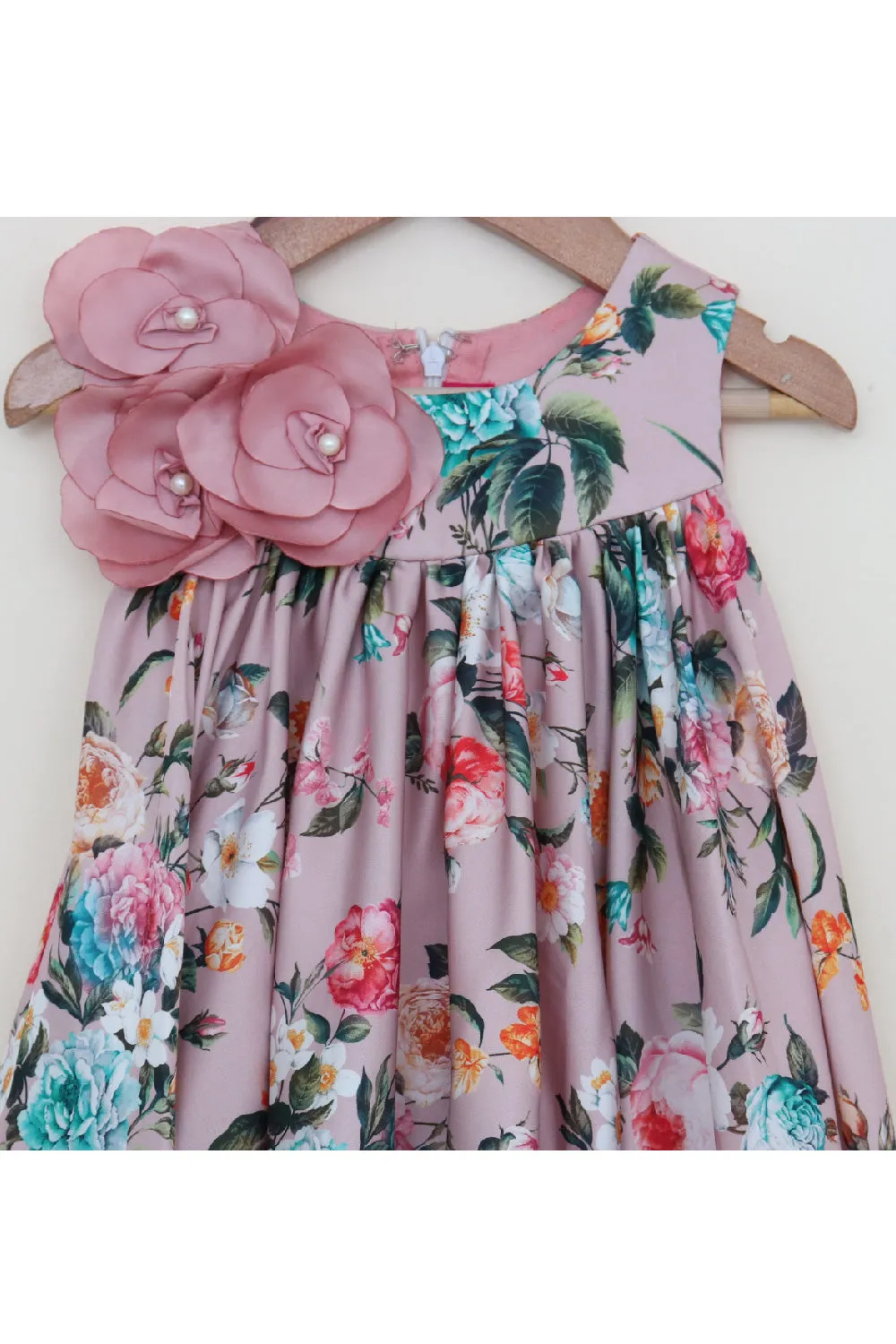 Rose Pink Flower Printed And Flower Detailing Satin Dress