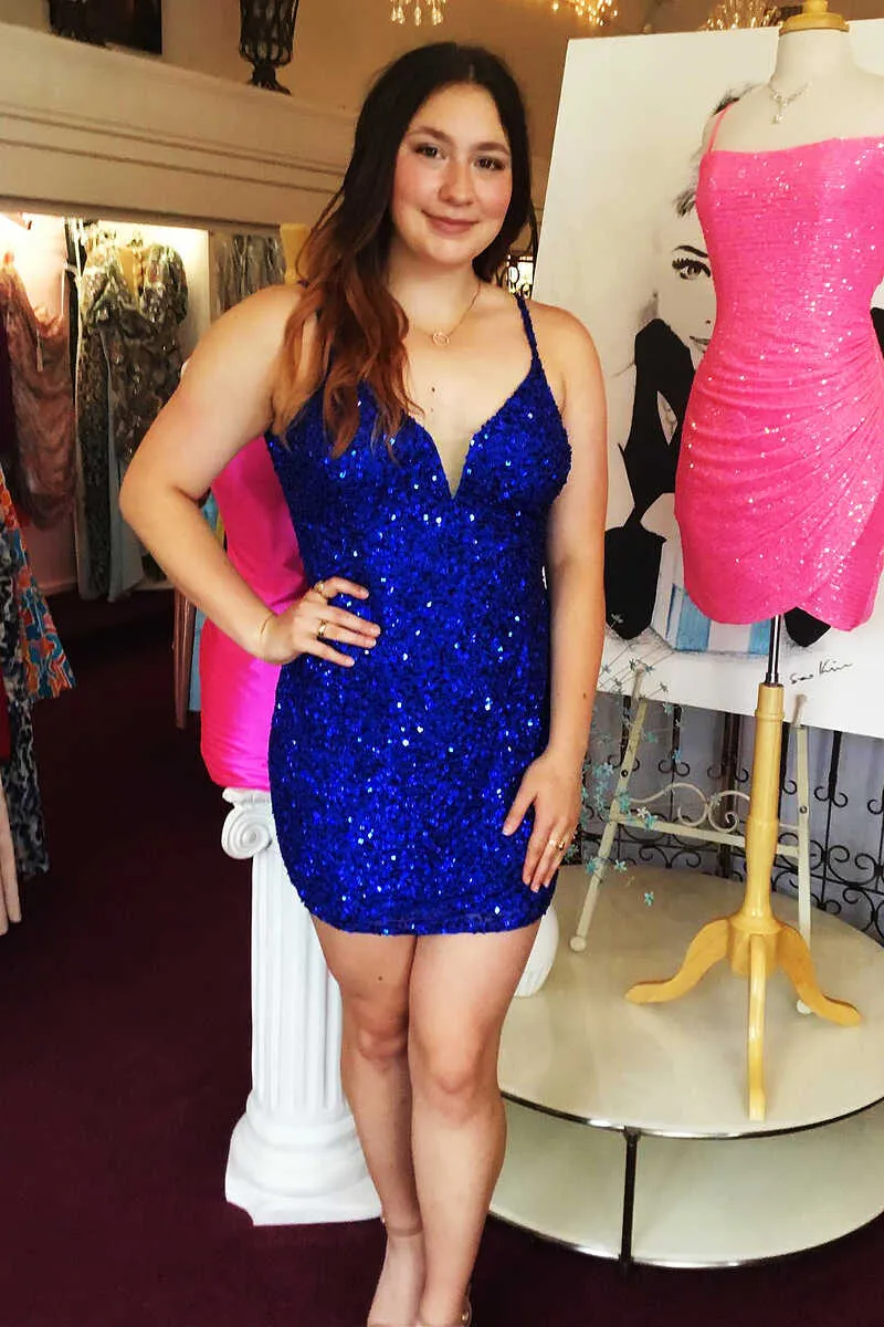 Royal Blue Sequin V-Neck Bodycon Short Homecoming Dress Cocktail Dresses