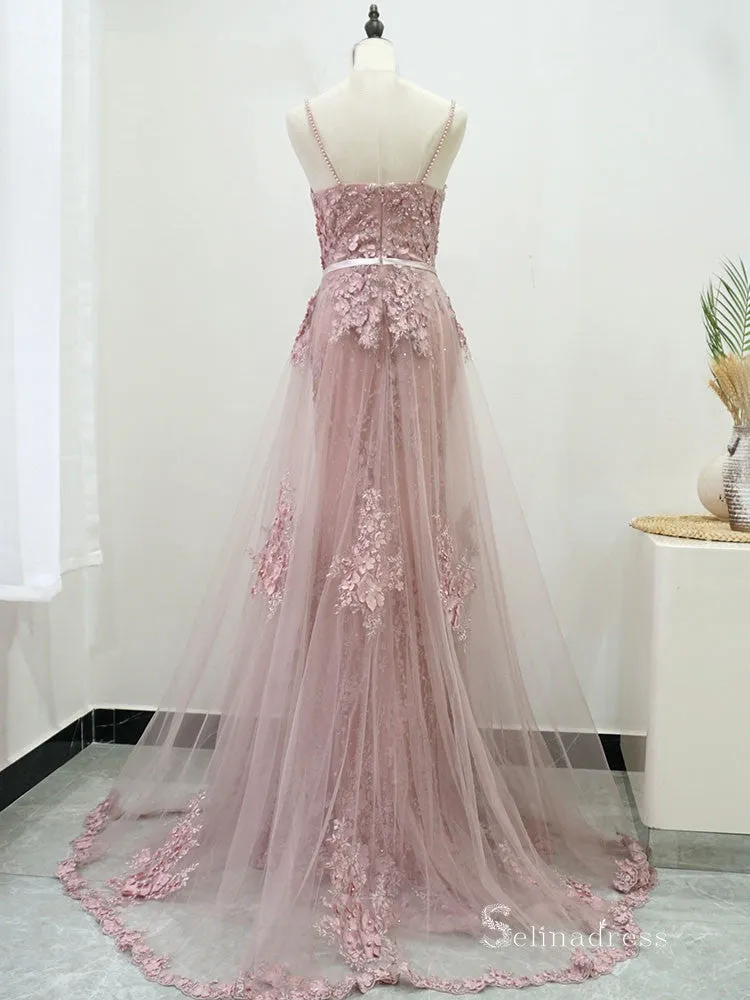 Selinadress Elegant 3d Floral Lace Pink Prom Dress Spaghetti Straps Evening Dress Formal Gown SC0102