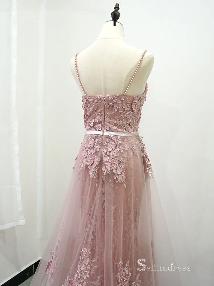 Selinadress Elegant 3d Floral Lace Pink Prom Dress Spaghetti Straps Evening Dress Formal Gown SC0102