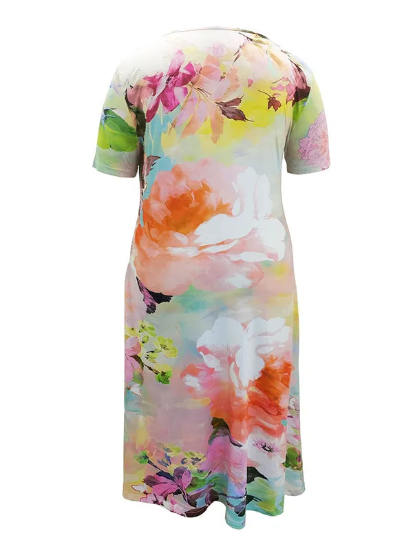 Short Sleeves Floral Printed Round-neck Midi Dresses