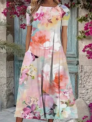 Short Sleeves Floral Printed Round-neck Midi Dresses