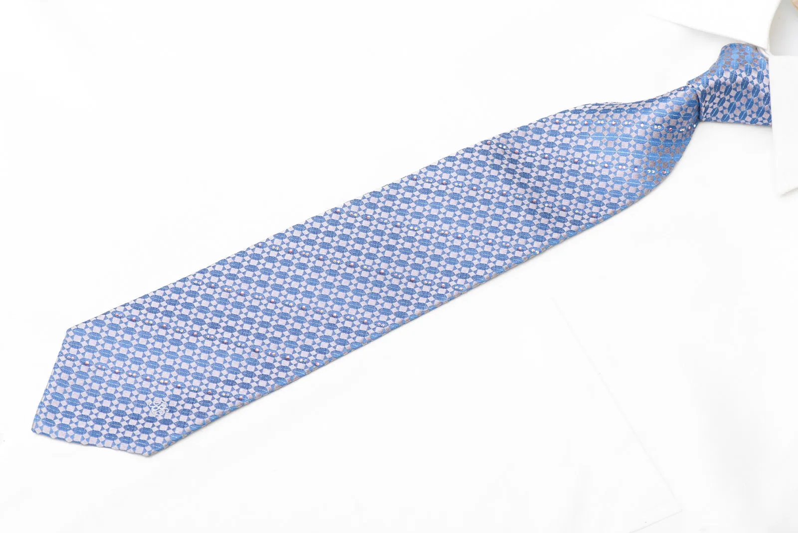 Silver Geometric On Blue Rhinestone Silk Necktie With Silver Sparkles