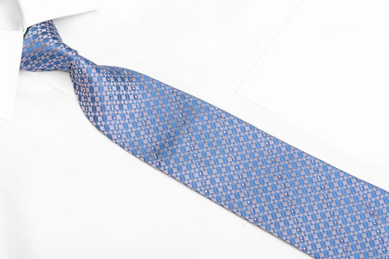 Silver Geometric On Blue Rhinestone Silk Necktie With Silver Sparkles