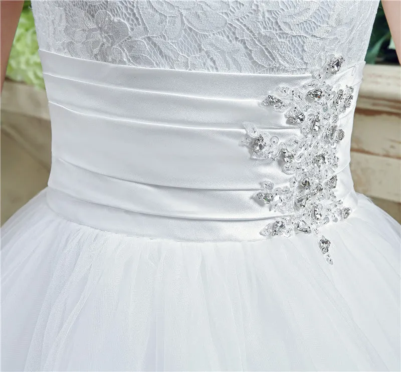 Strapless Appliques Lace Train Wedding Dresses With Crystals