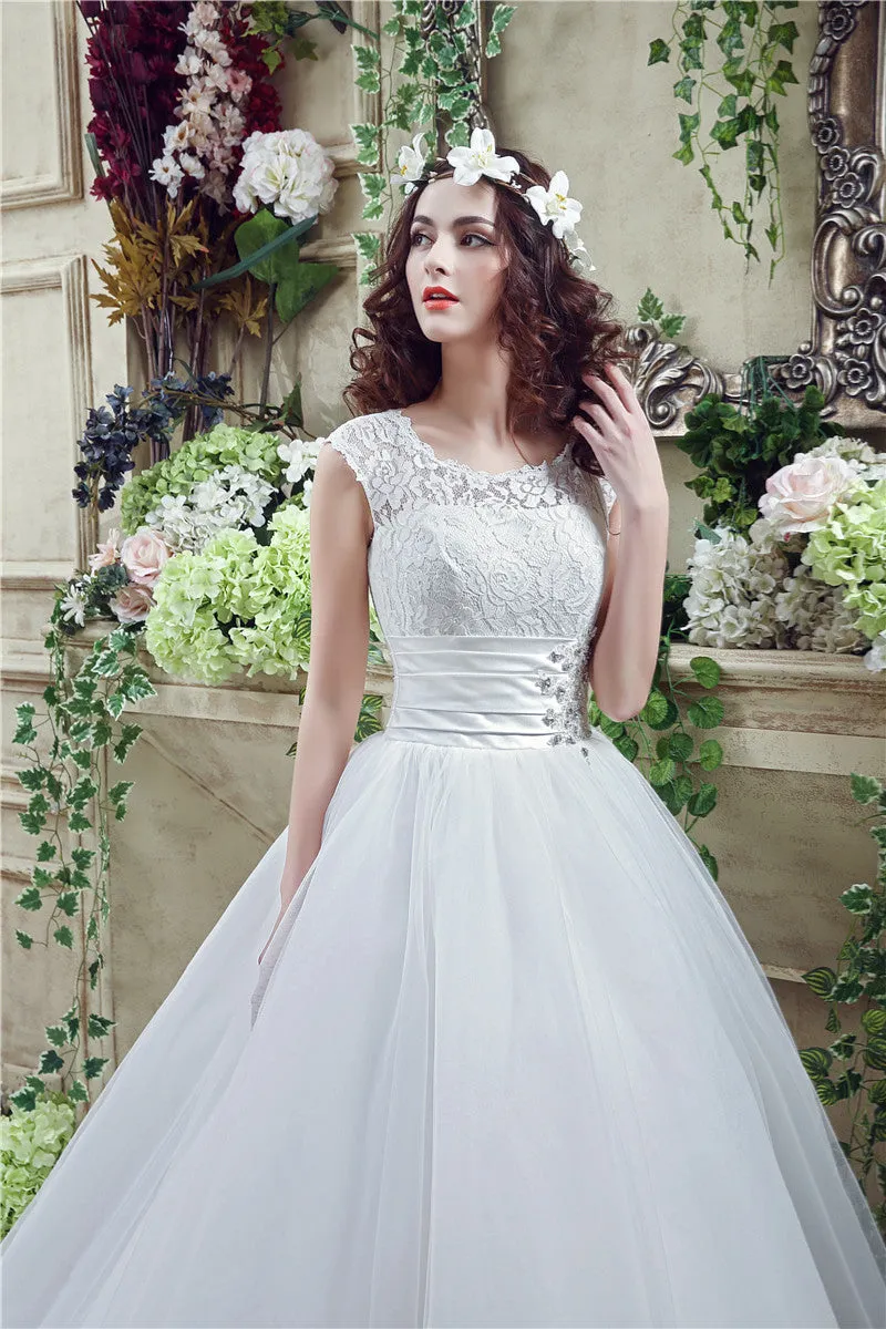 Strapless Appliques Lace Train Wedding Dresses With Crystals