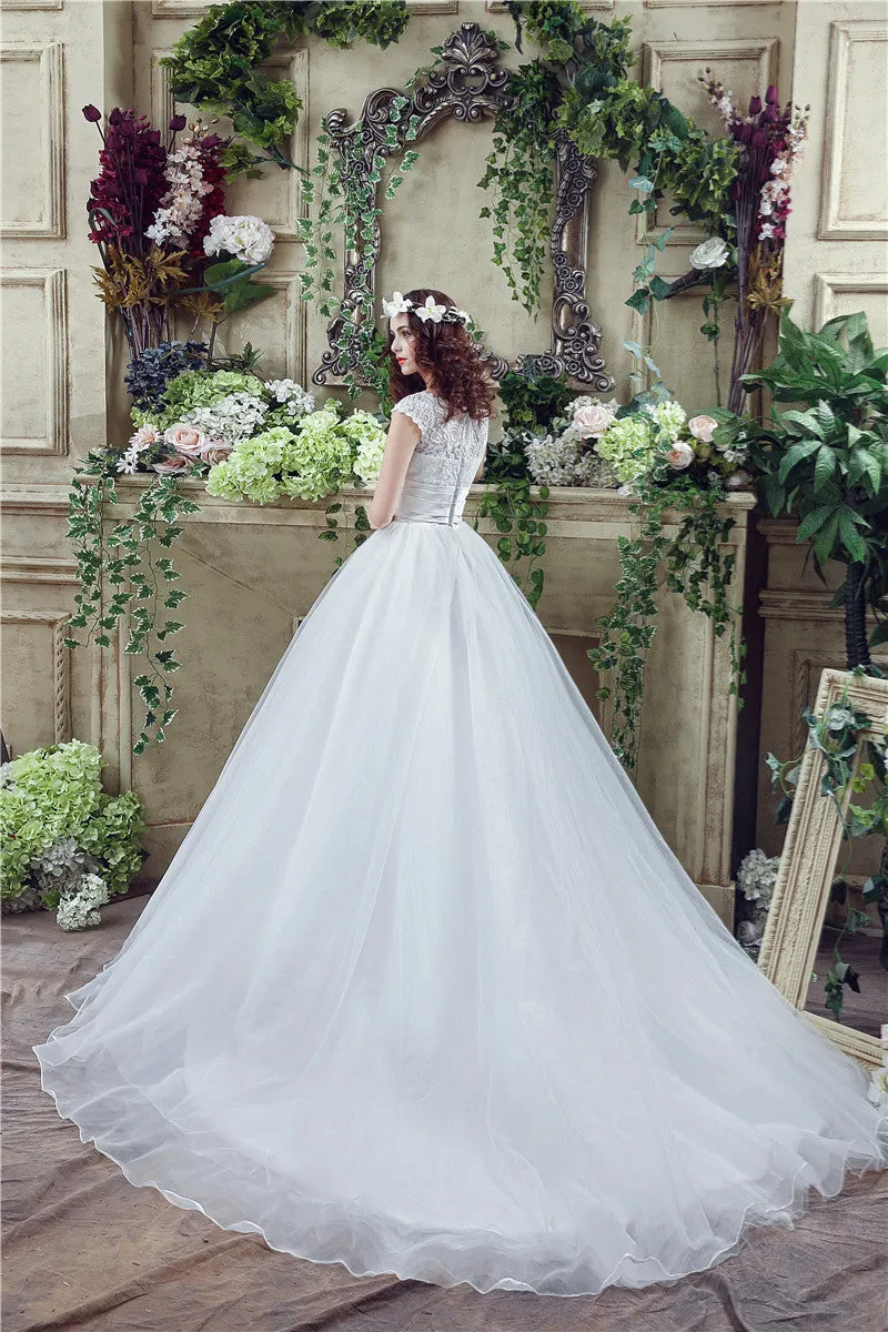 Strapless Appliques Lace Train Wedding Dresses With Crystals