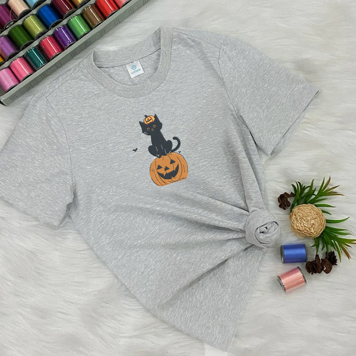 Teesdily | Halloween Embroidered Black Cat Pumpkin Shirt, Embroidery Halloween Pumpkin Embroidered Sweatshirt, Happy Halloween Holiday, Cat Lover Gift