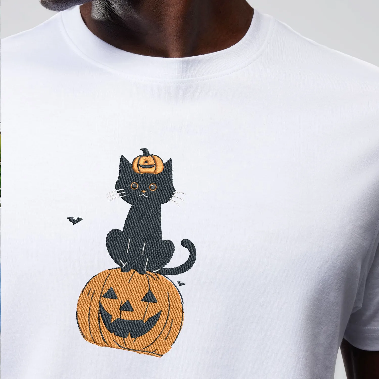 Teesdily | Halloween Embroidered Black Cat Pumpkin Shirt, Embroidery Halloween Pumpkin Embroidered Sweatshirt, Happy Halloween Holiday, Cat Lover Gift