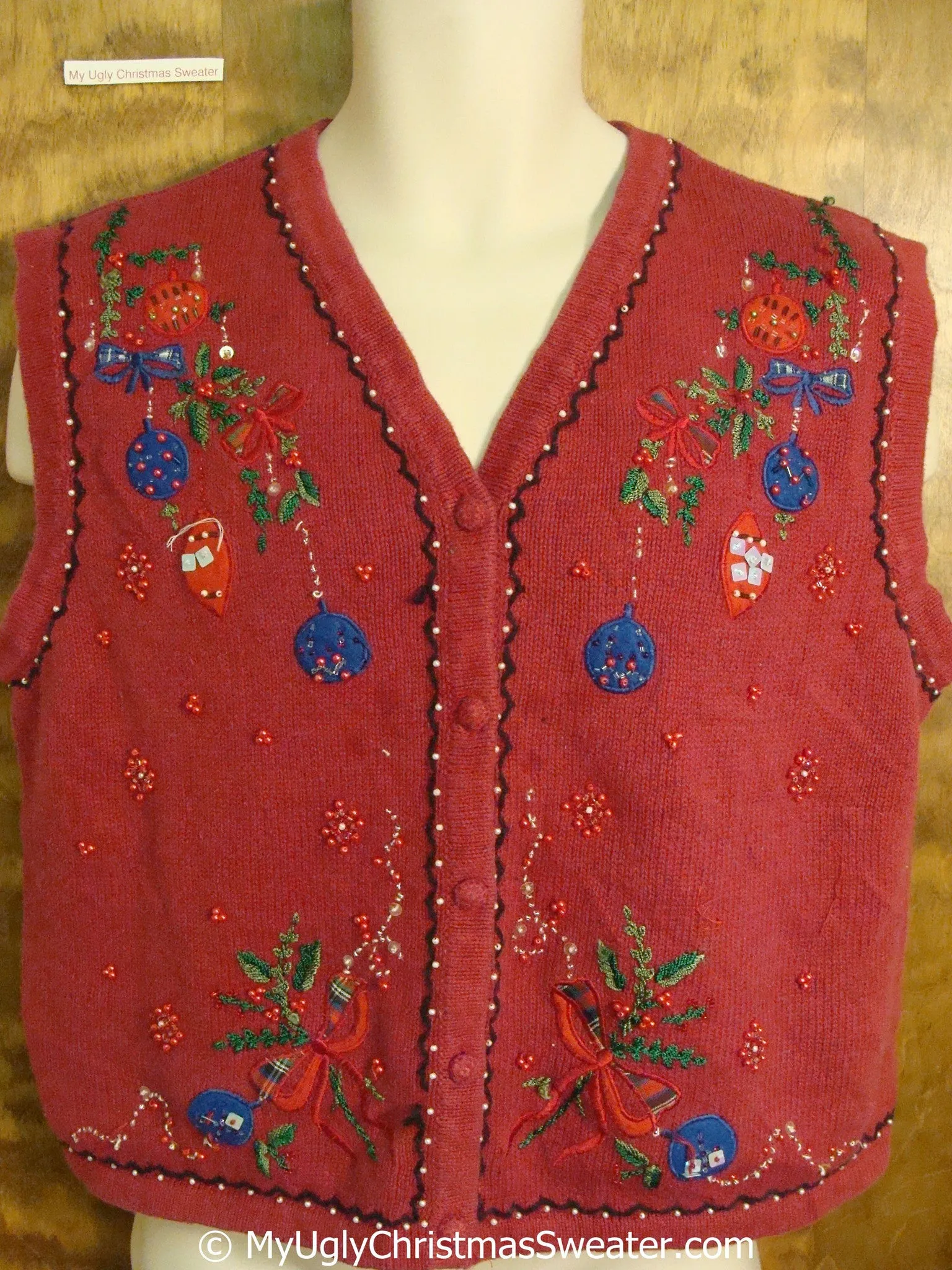 Ugly Red Christmas Sweater Vest with Colorful Ornaments