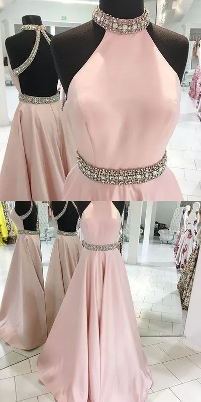 Unique Prom Dress, Pink A Line Long Prom Dress, Backless Pink Evening Dresses