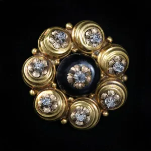 Victorian 14k Yellow Gold Onyx and Diamond Brooch