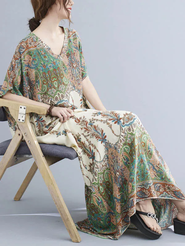 Vintage Floral Printed V-Neck Batwing Sleeves H-Line Maxi Dress