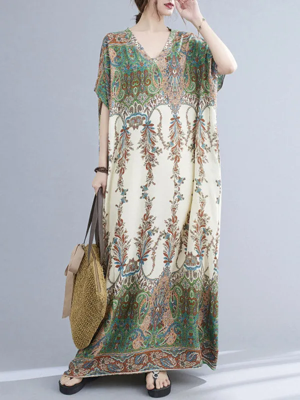 Vintage Floral Printed V-Neck Batwing Sleeves H-Line Maxi Dress