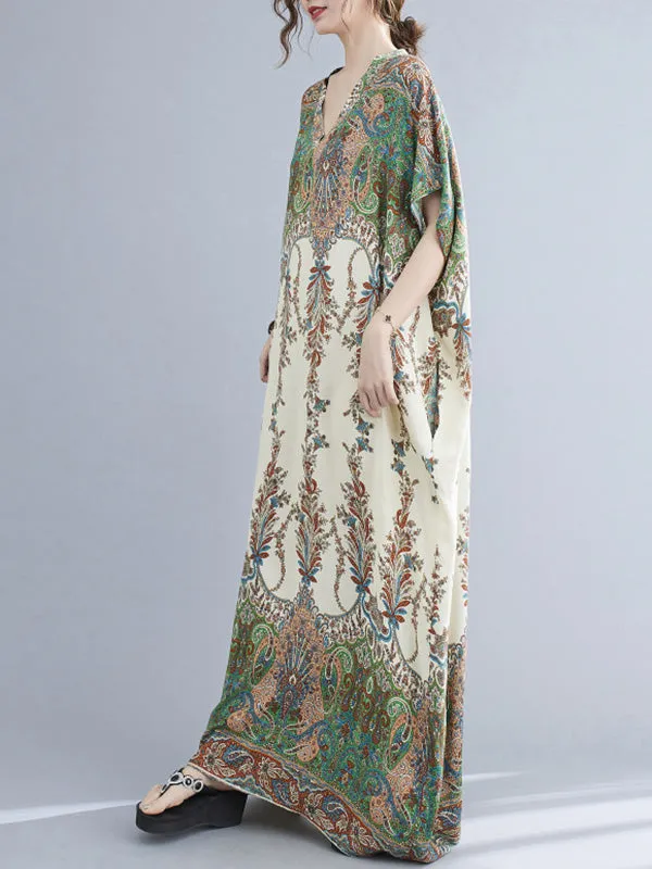 Vintage Floral Printed V-Neck Batwing Sleeves H-Line Maxi Dress