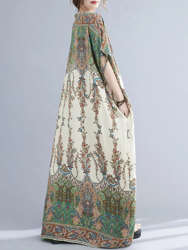 Vintage Floral Printed V-Neck Batwing Sleeves H-Line Maxi Dress