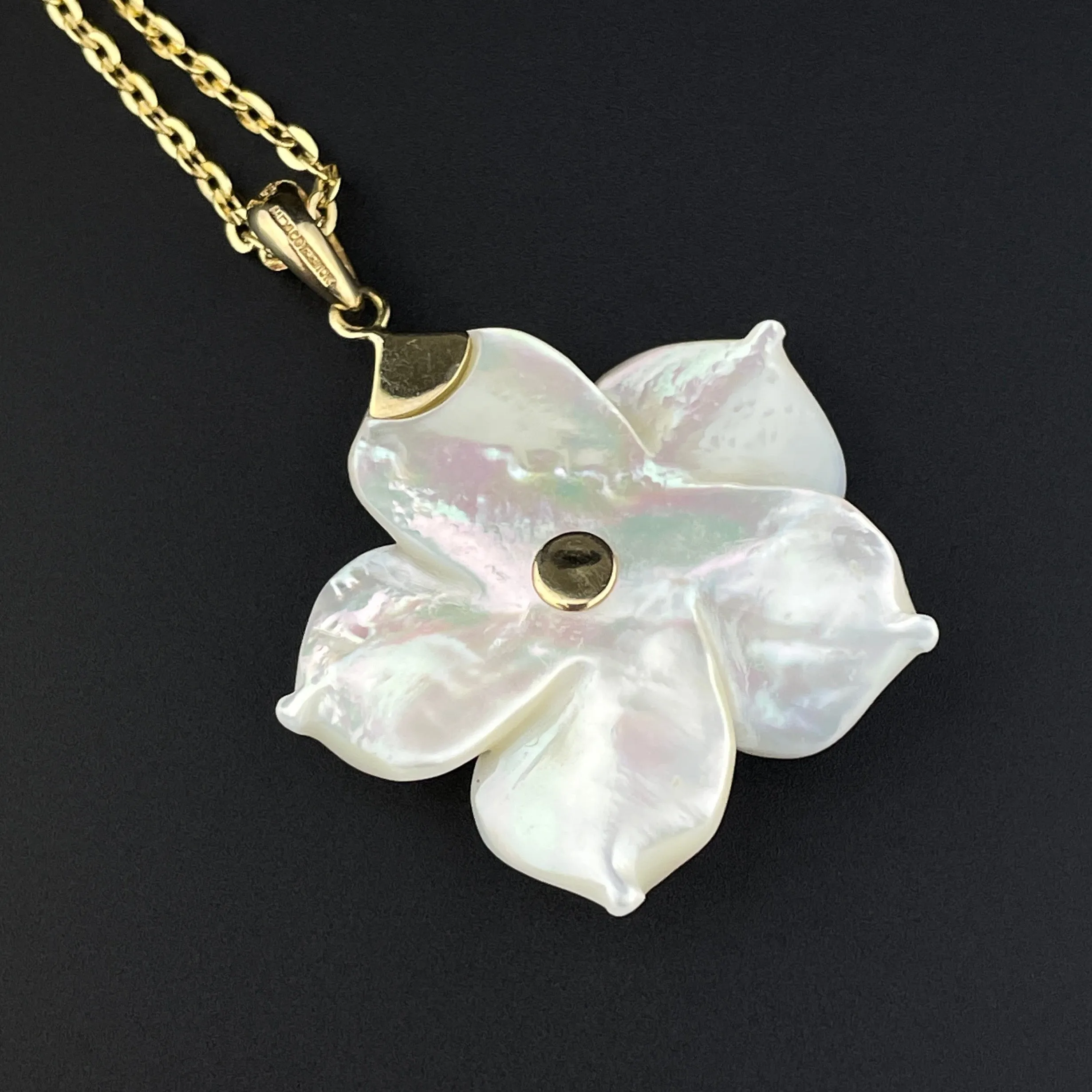 Vintage Gold Blue Topaz Mother of Pearl Flower Pendant Necklace