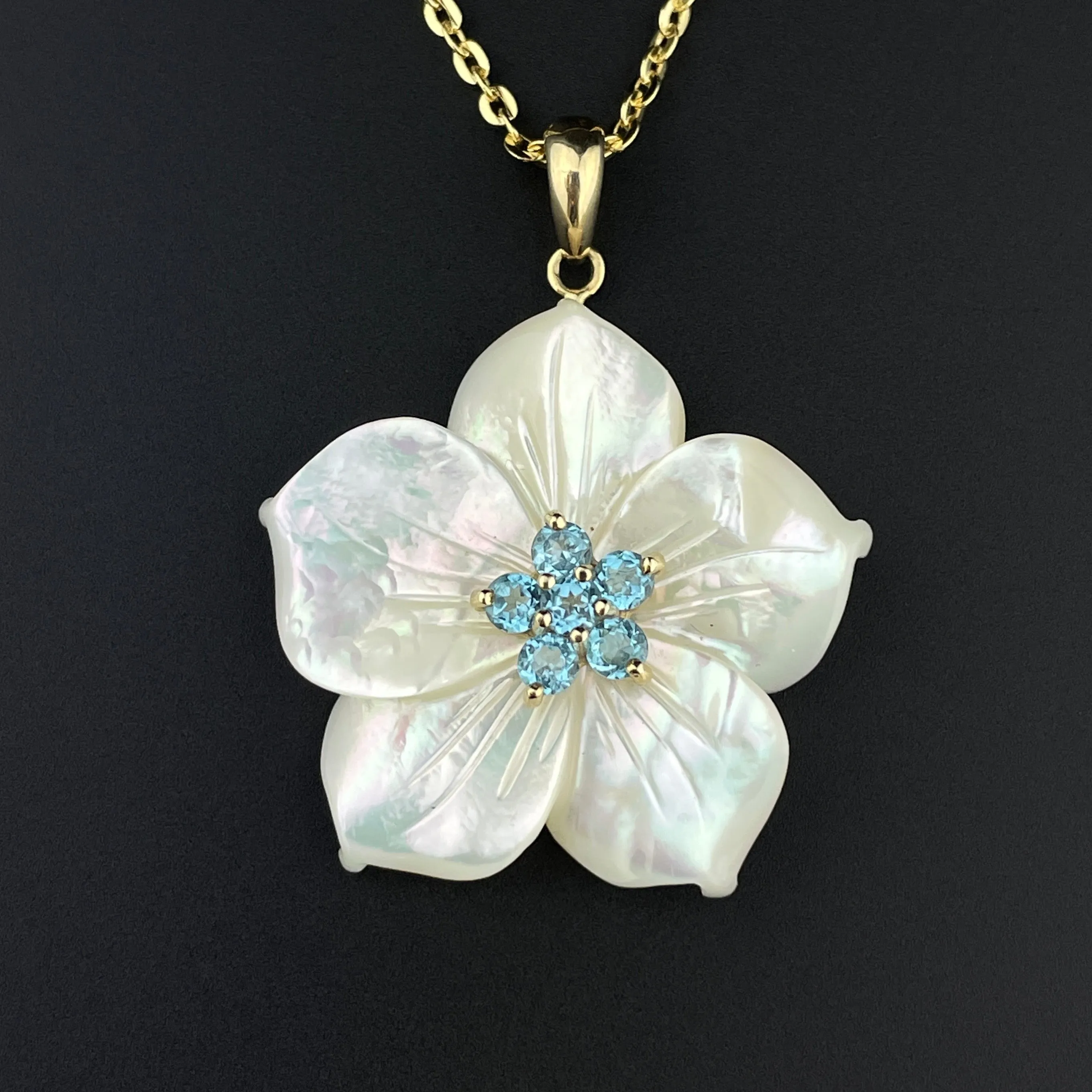 Vintage Gold Blue Topaz Mother of Pearl Flower Pendant Necklace