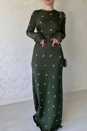 Vintage Long Sleeve Silky Satin Floral Printed Maxi Dress - Green