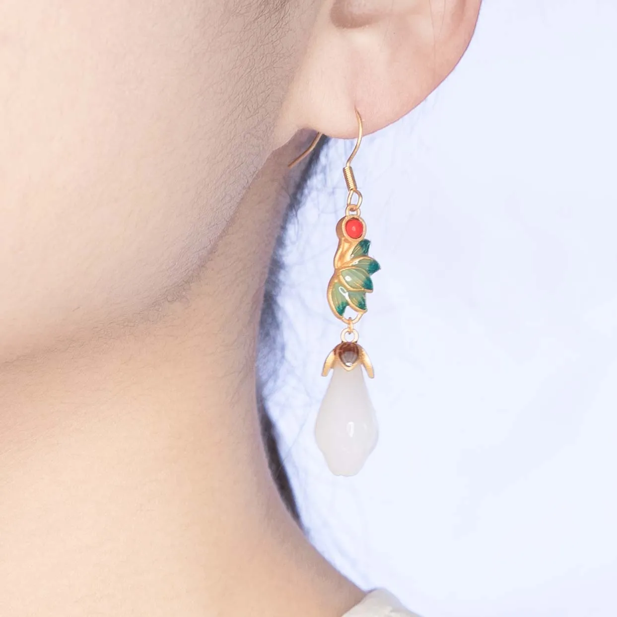 White Jade and Enamel Lotus Flower Earrings