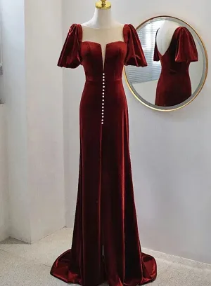 Wine Red Velvet Long Round Neckline Party Dress Wine Red Prom Dresses