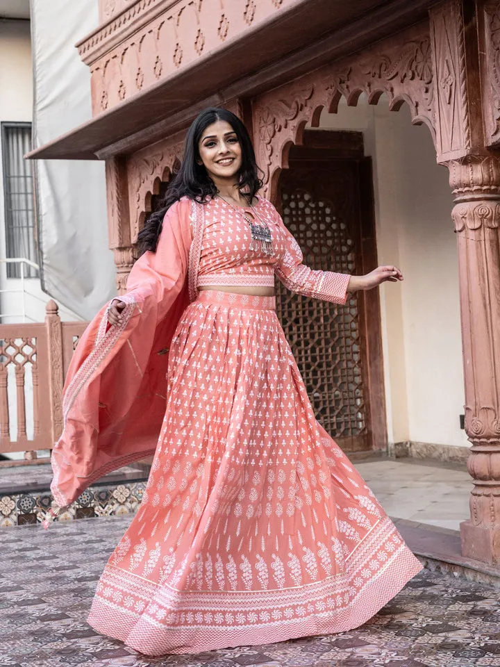 Women Pink Printed Crop Top, Lehenga With Dupatta Set