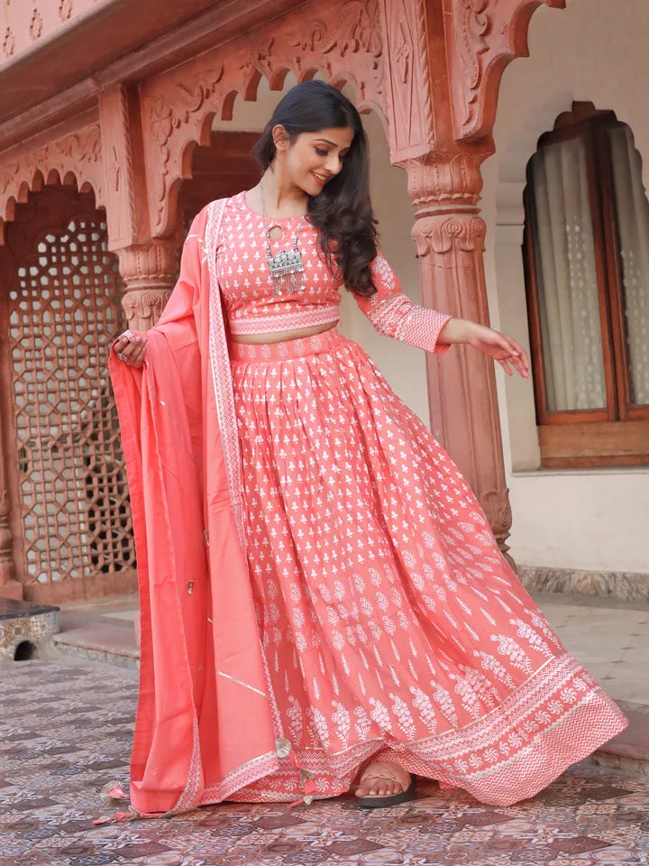 Women Pink Printed Crop Top, Lehenga With Dupatta Set