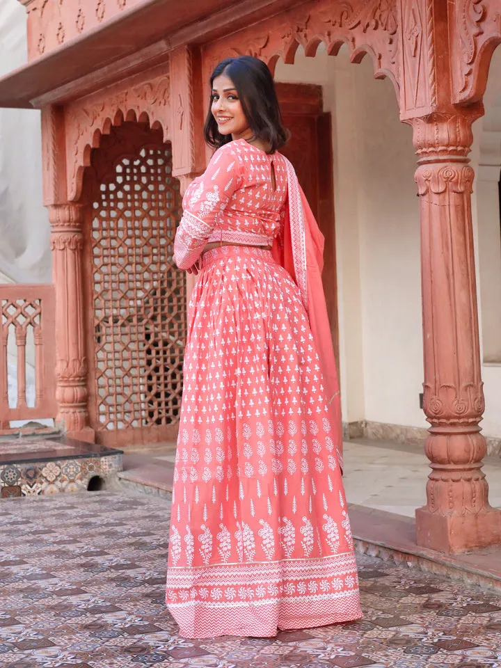 Women Pink Printed Crop Top, Lehenga With Dupatta Set