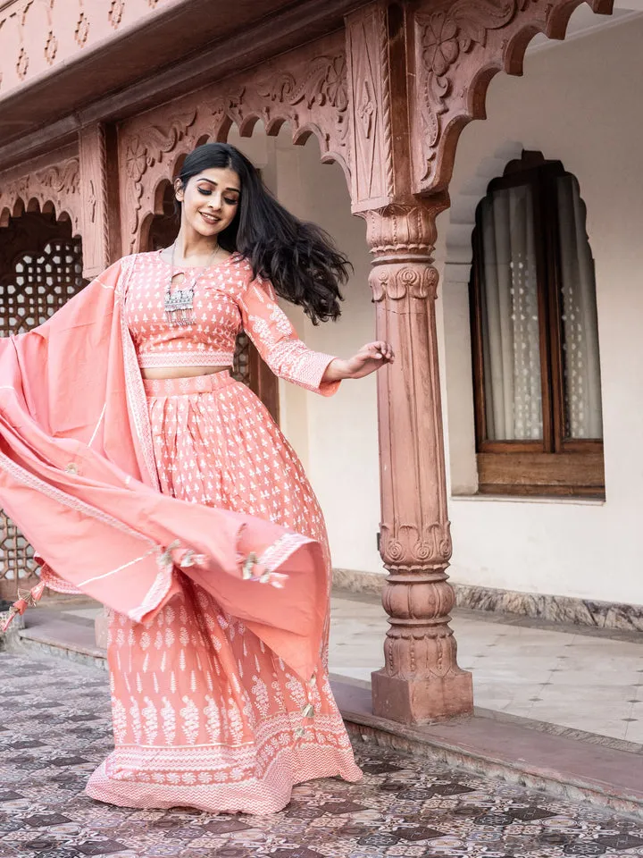 Women Pink Printed Crop Top, Lehenga With Dupatta Set