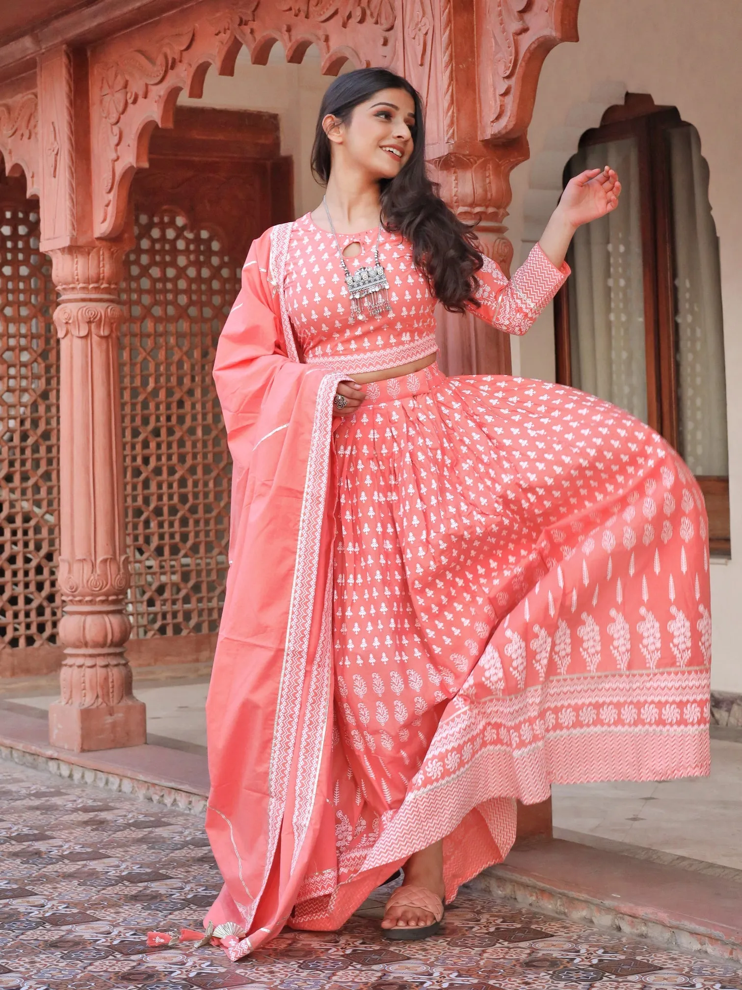 Women Pink Printed Crop Top, Lehenga With Dupatta Set