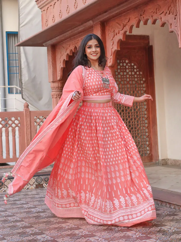 Women Pink Printed Crop Top, Lehenga With Dupatta Set