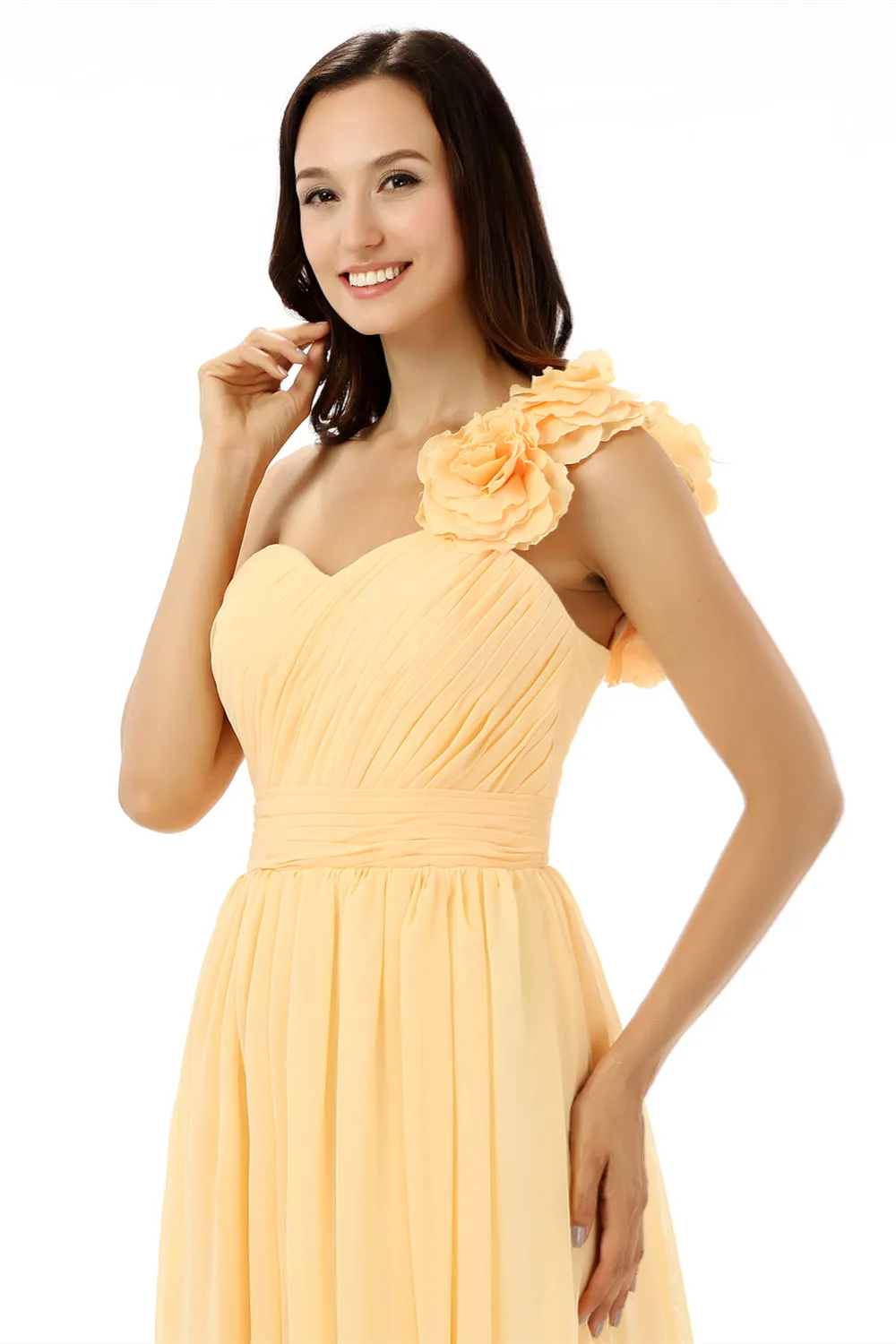 Yellow One Shoulder Chiffon With Pleats Flower Bridesmaid Dresses