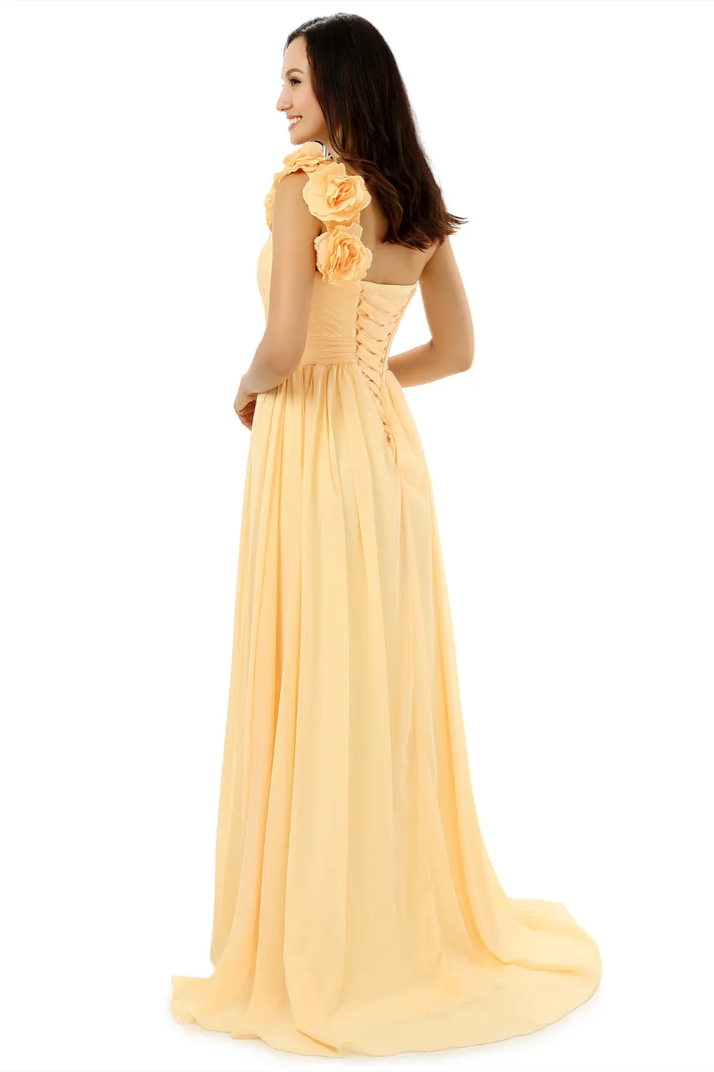 Yellow One Shoulder Chiffon With Pleats Flower Bridesmaid Dresses