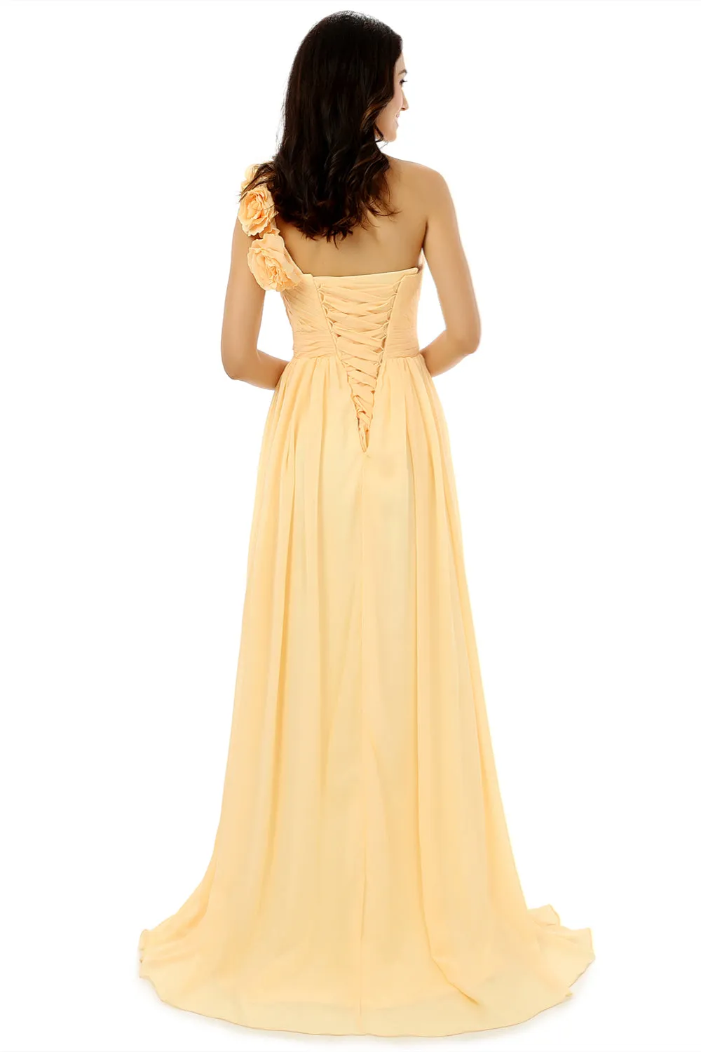 Yellow One Shoulder Chiffon With Pleats Flower Bridesmaid Dresses