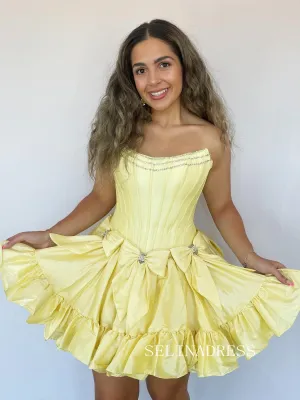 Yellow Strapless Short Homecoming Dresses With Bowknot Cute Hoco Dress #TKL1908